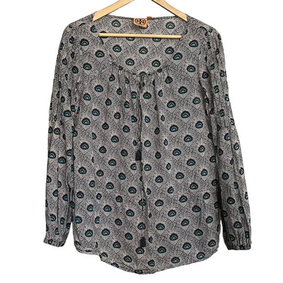 Tory Burch Top Evelina‎ Blue Peacock Print Tunic Blouse Womens Sz 8 - Picture 1 of 7